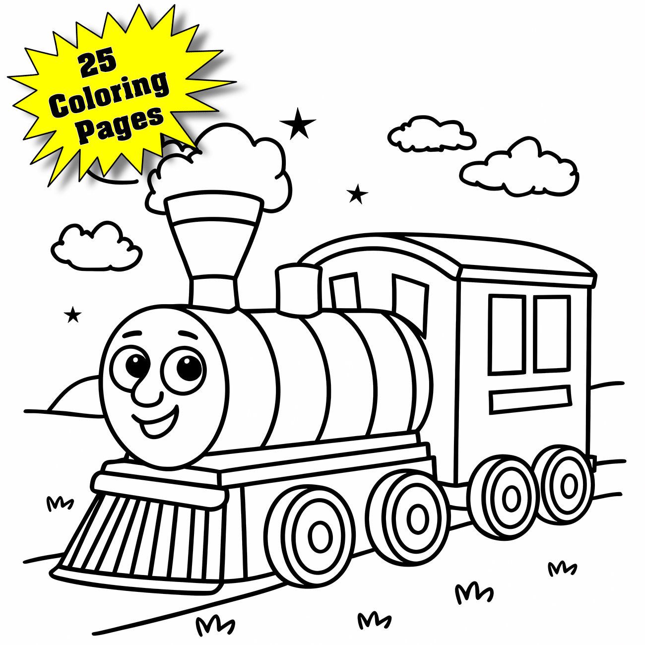 Includes multiple train designs for kids to color and collect in a 25-page printable coloring book.
