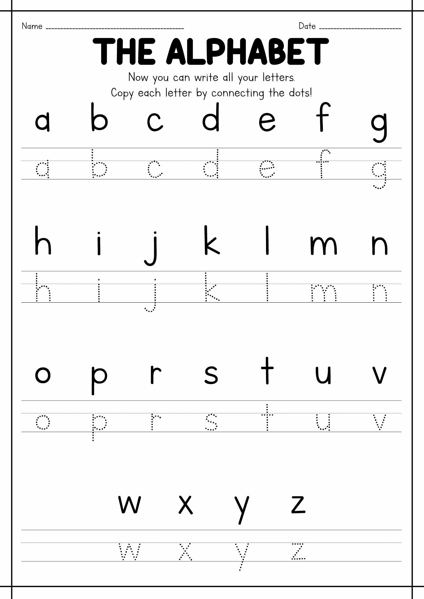 Alphabet worksheets pairing letter recognition with tracing for preschool writing practice.