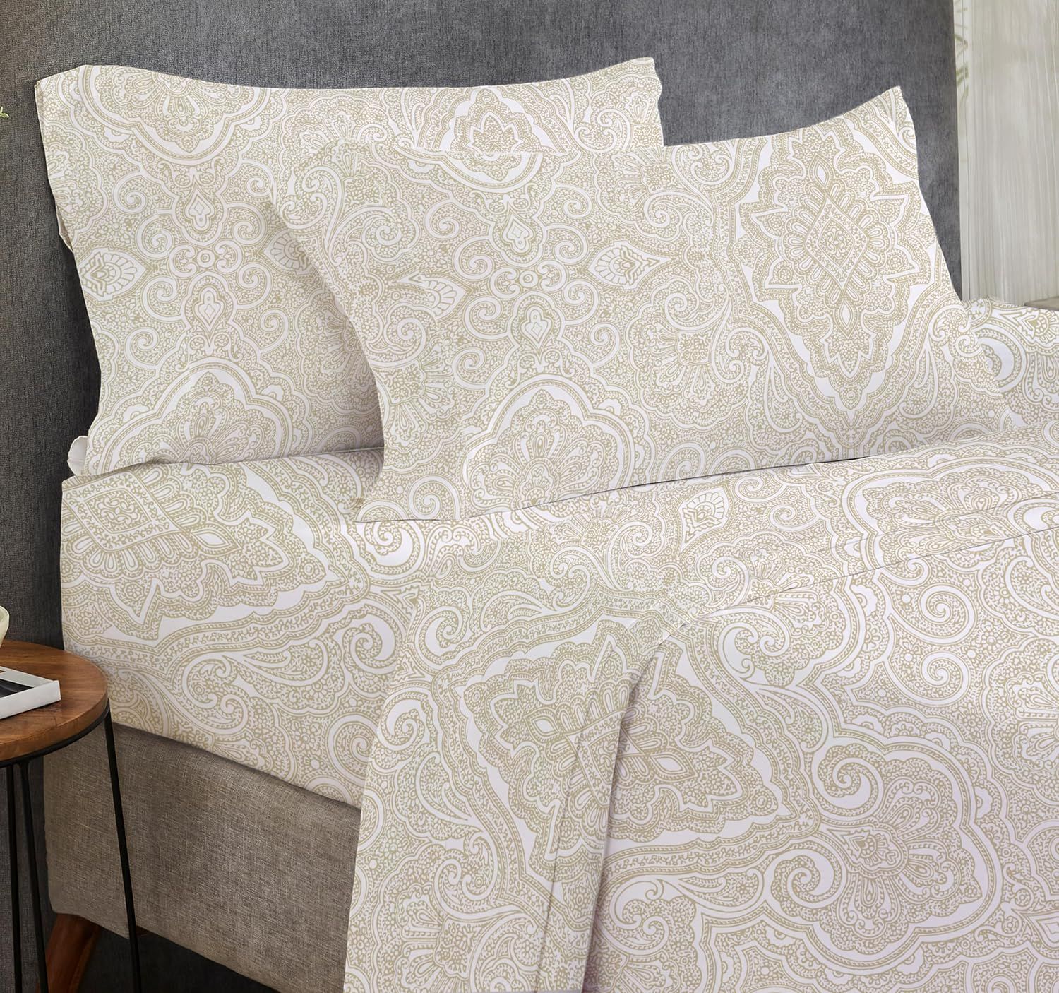 California Design Den's paisley California king sheets use 400 thread count cotton that breathes, so the printed pattern still sleeps cool.
