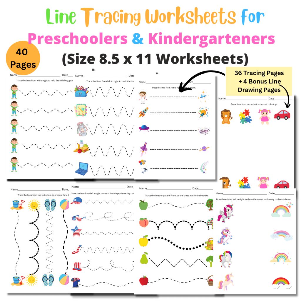 Free preschool handwriting page introducing basic strokes like straight lines and curves.