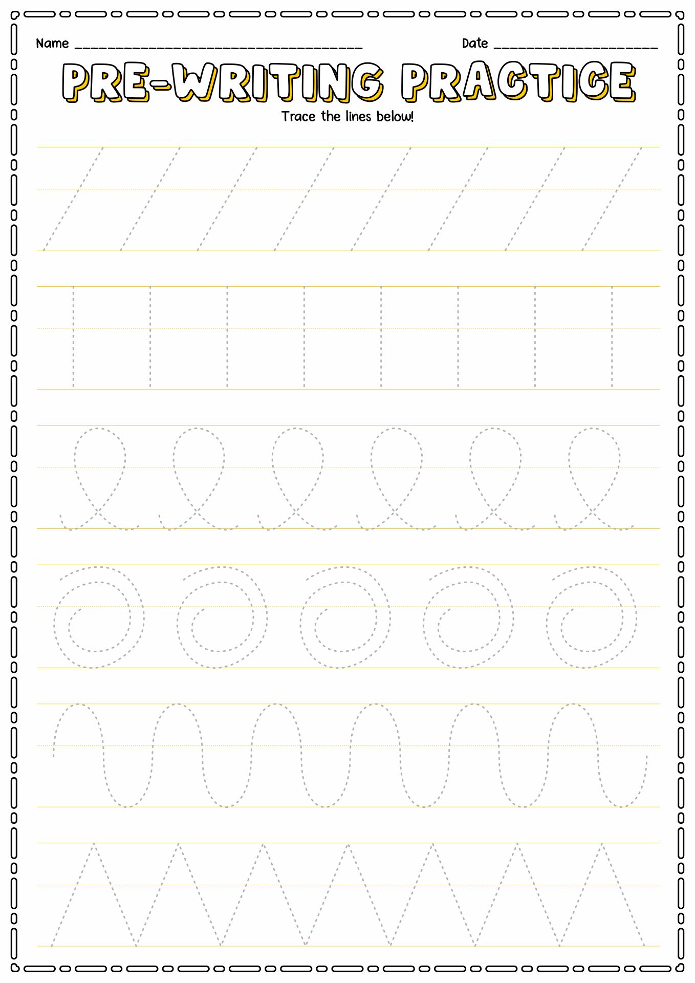 Free preschool writing sheets with tracing activities and blank lines for copying practice.
