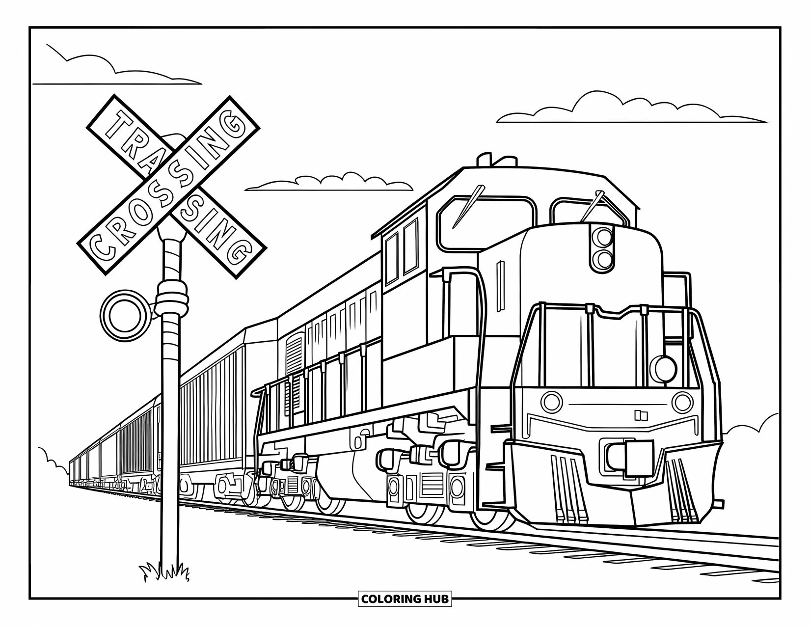 Download the printable PDF set for kids and adults to color engines, cars, and track scenes.