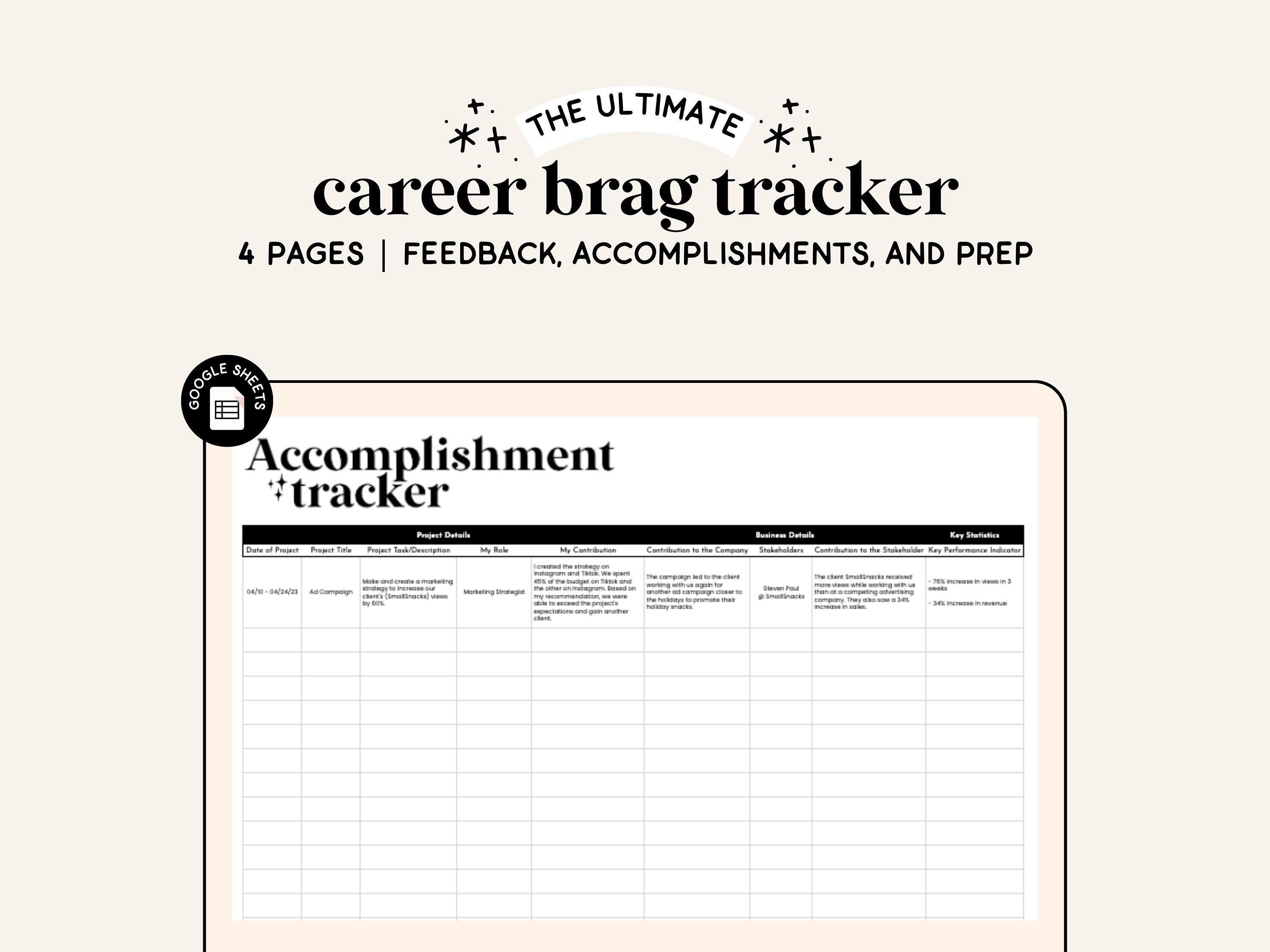 Google Sheets tracker for logging career milestones and project successes.
