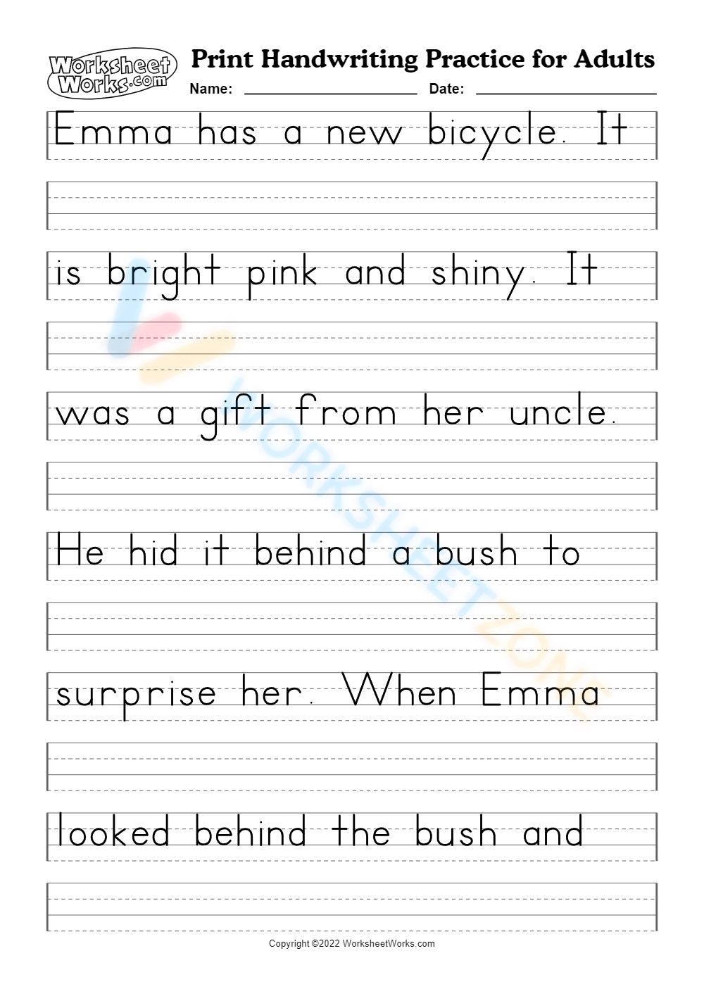 Kindergarten writing sheet combining letter practice with simple vocabulary introduction.