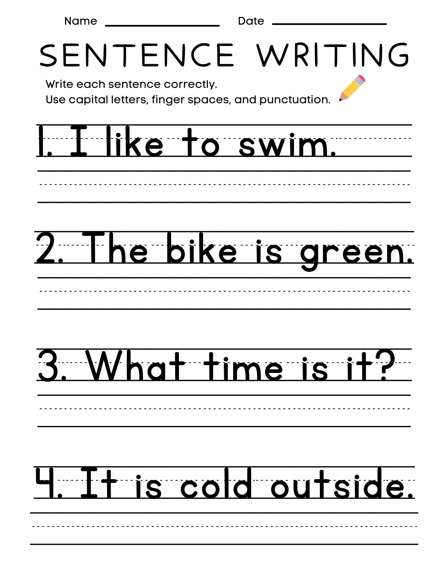 Complete set of PDF writing worksheets to help kindergarteners learn sentence formation.