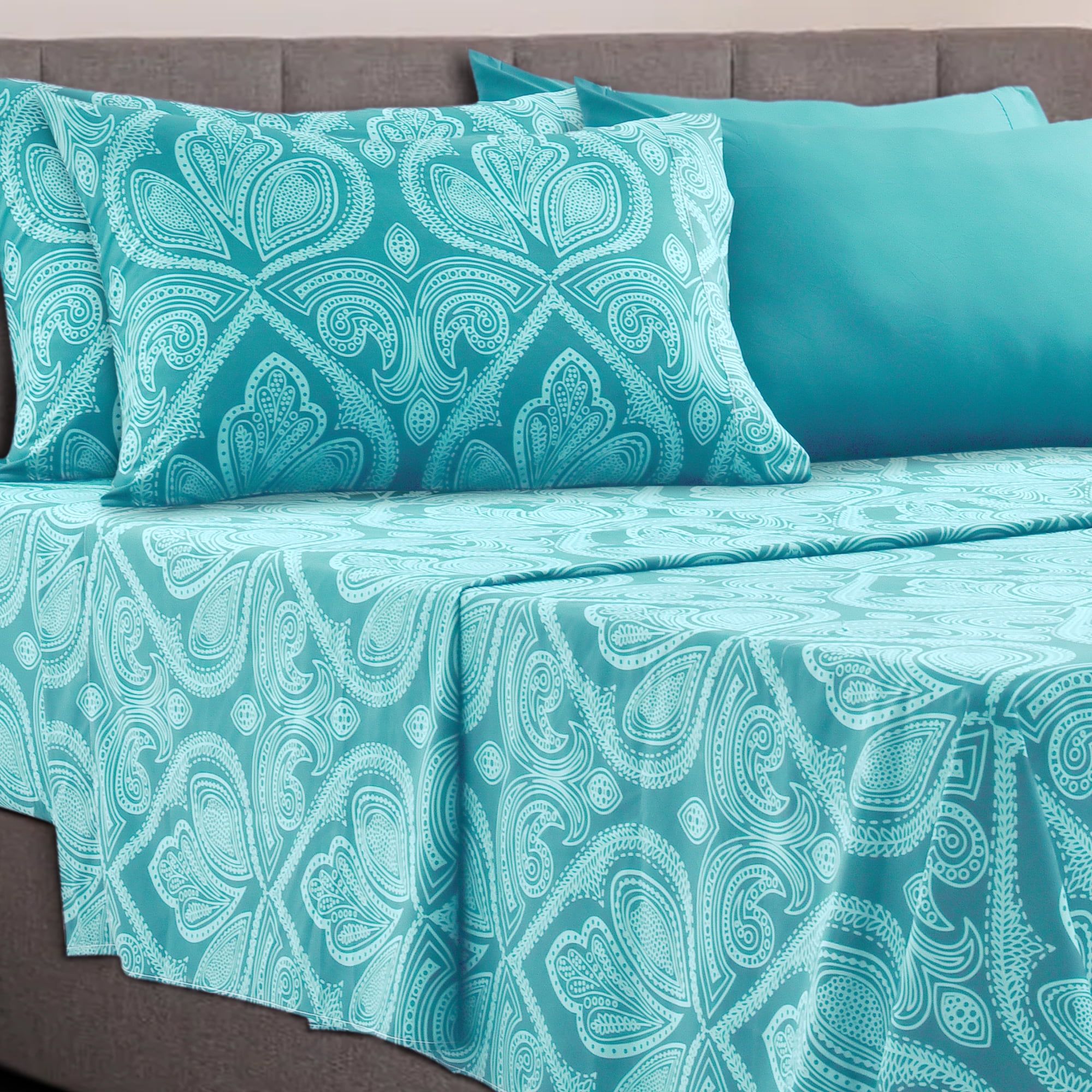 Six piece California king bedding from Lux Decor Collection, cut with deep pockets and a breathable weave that suits thicker mattresses.