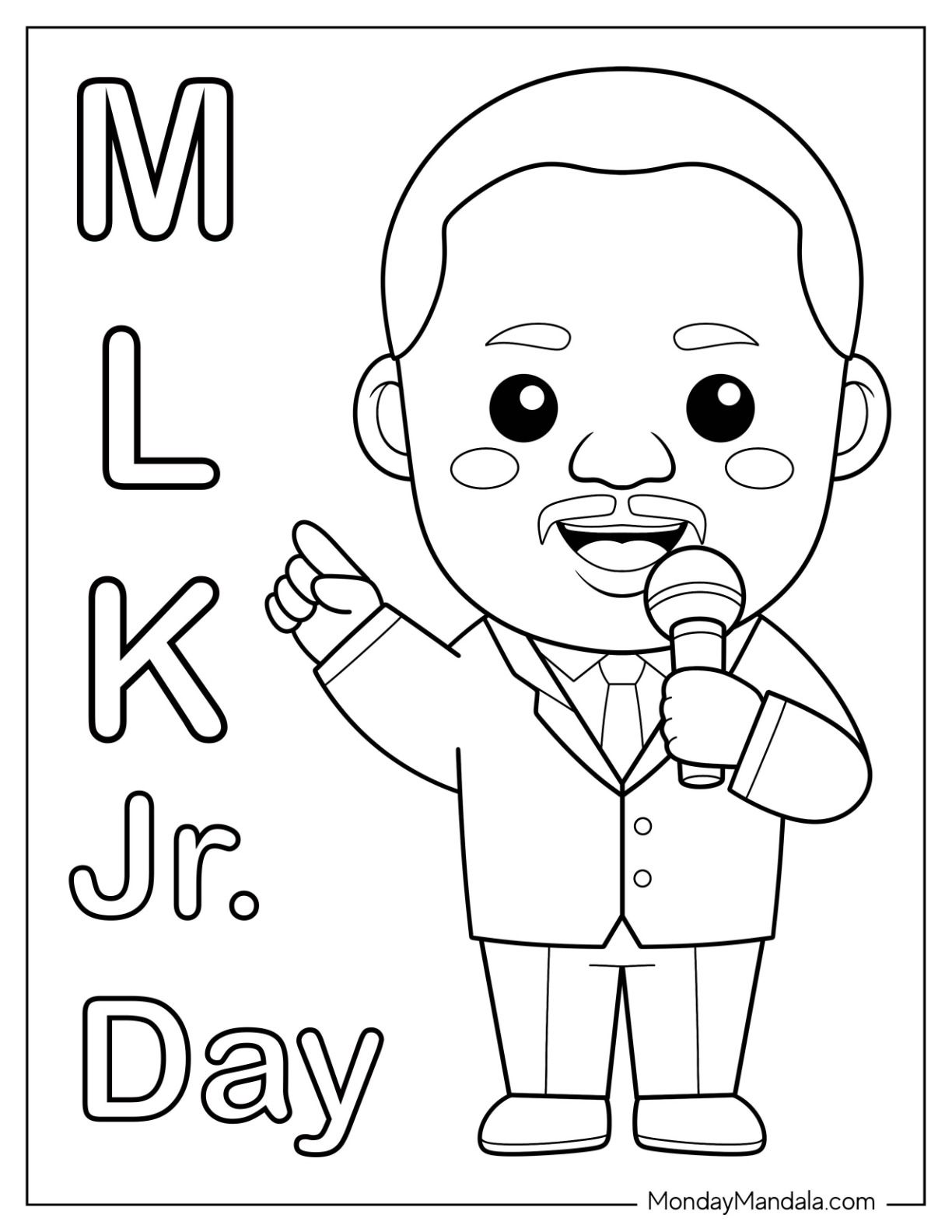 MLK Jr coloring pages for Black History Month. Connects holidays to civil rights history.