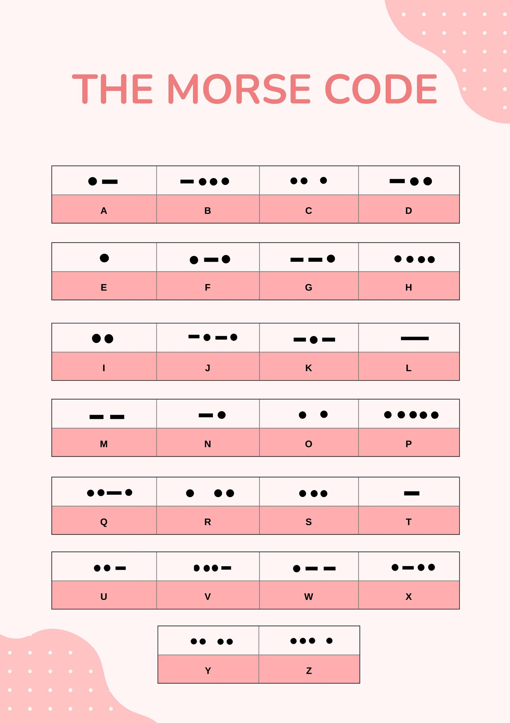 Printable Morse code alphabet guide. Study dots and dashes for each letter easily.