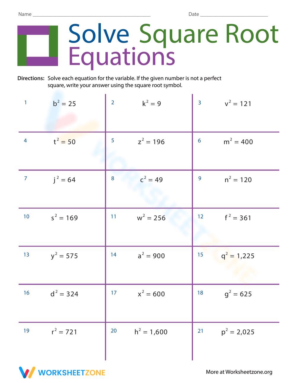 Square Root Activity Sheets