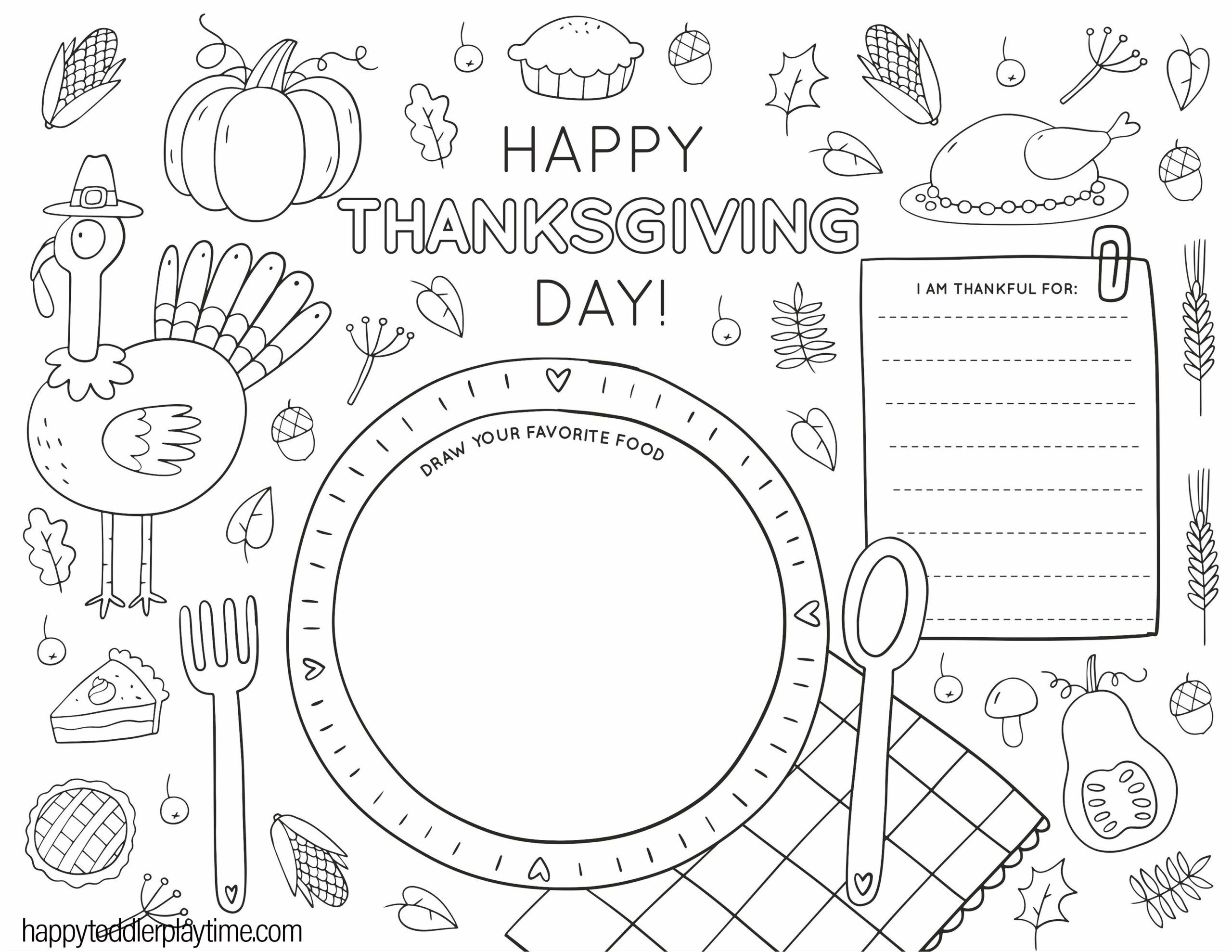 Color a Thanksgiving dinner scene with turkey, pie, and holiday foods.