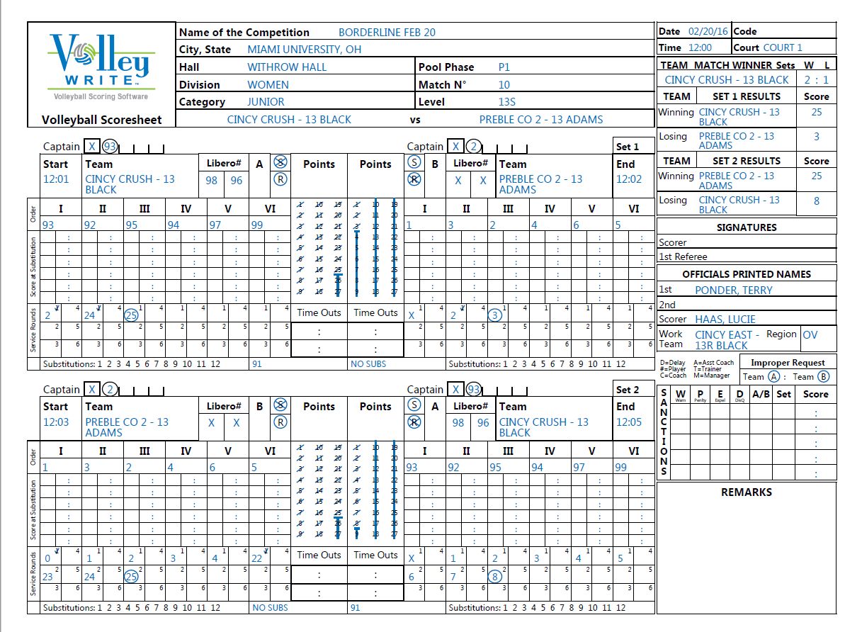 Volleyball Score Sheet